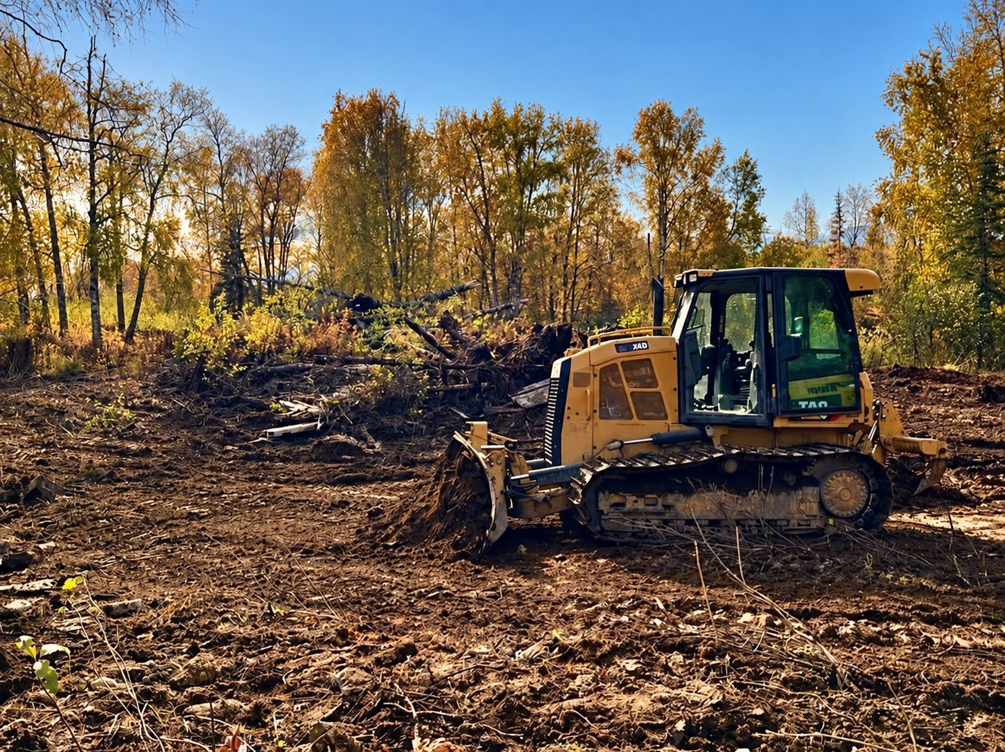 Bulldozer beside cleared ground and fallen trees