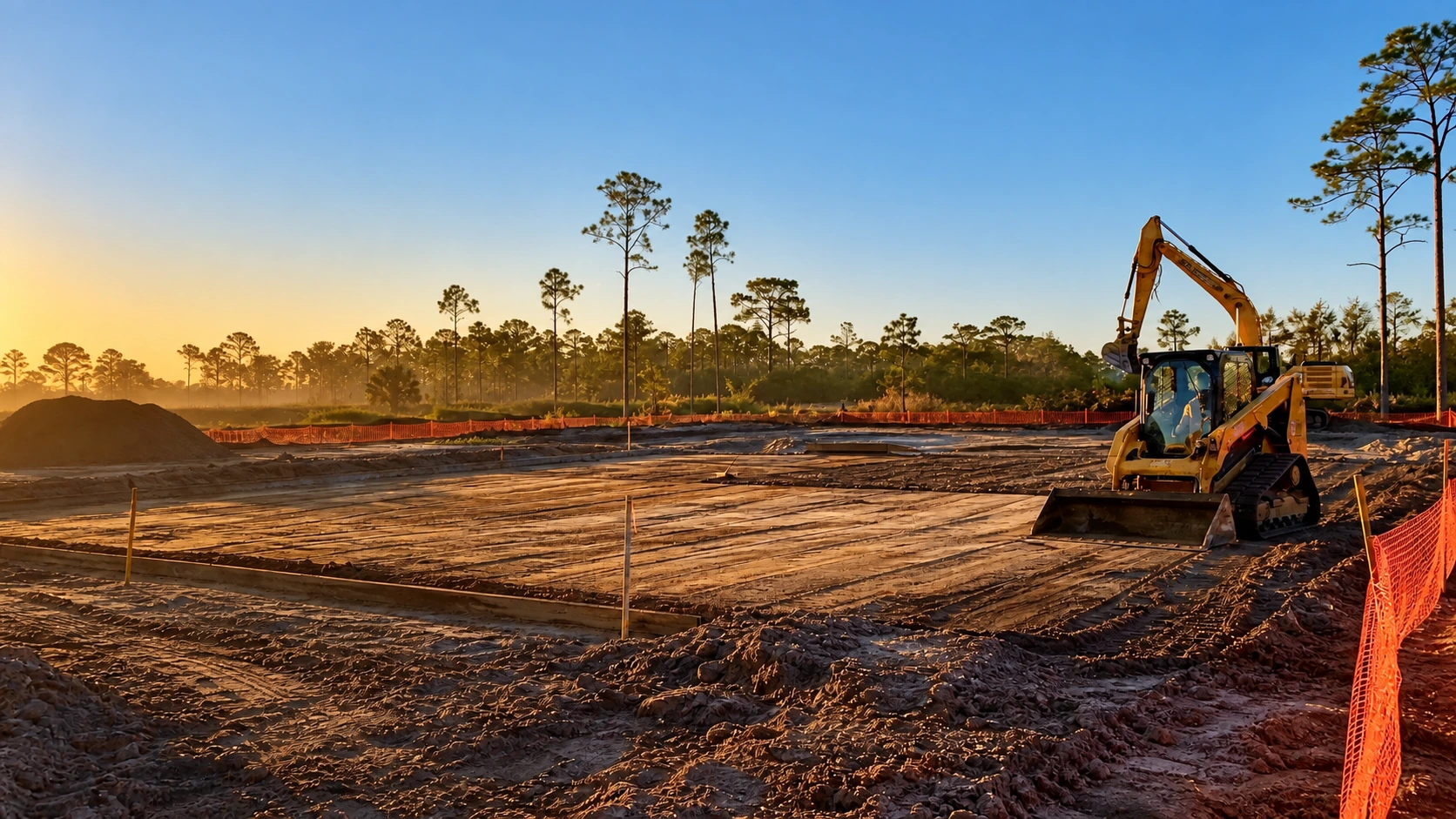 Loader and excavator on a prepared site at sunset